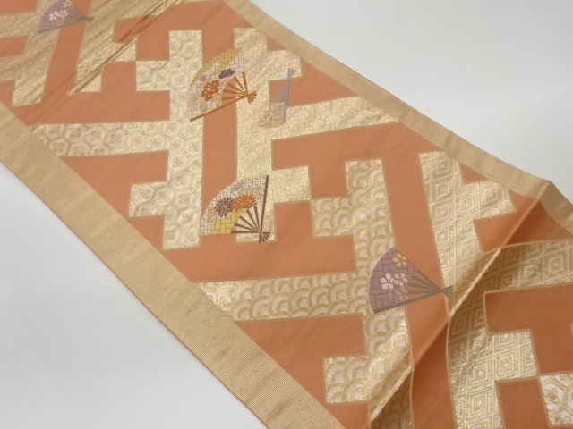 リサイクル　扇に花々・古典柄模様織出し袋帯